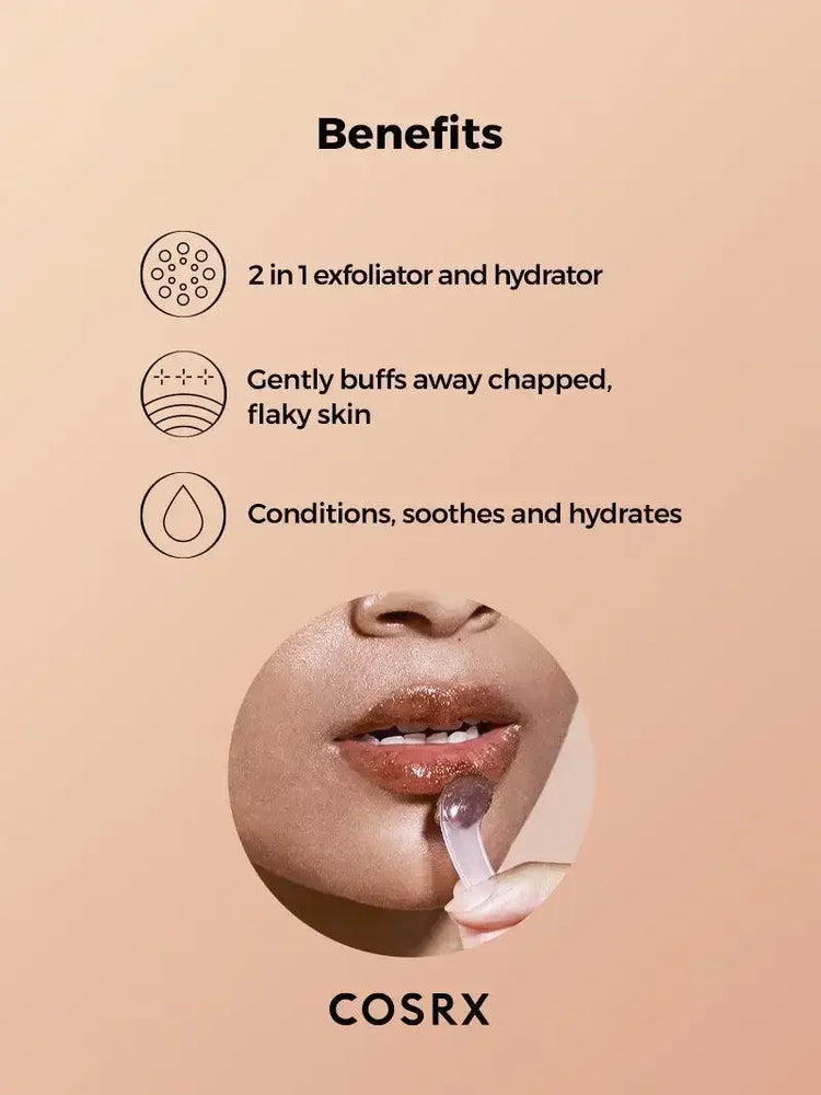 COSRX lip exfoliator and hydrator benefits guide with close-up of glossy lips being treated.