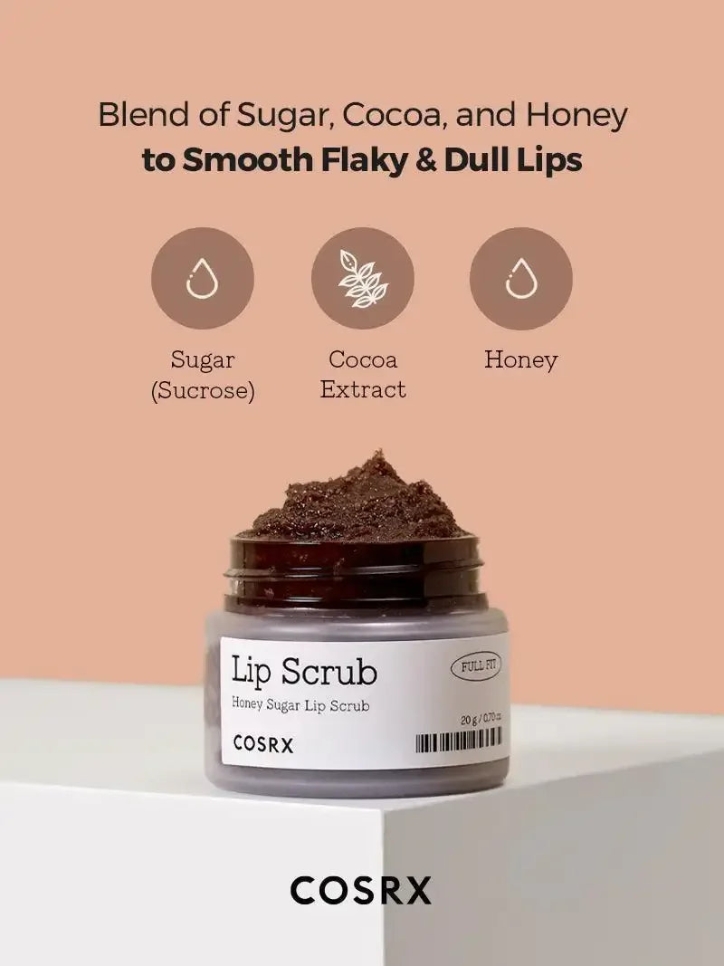 COSRX honey sugar lip scrub in jar with blend of sugar, cocoa extract, and honey for smooth lips