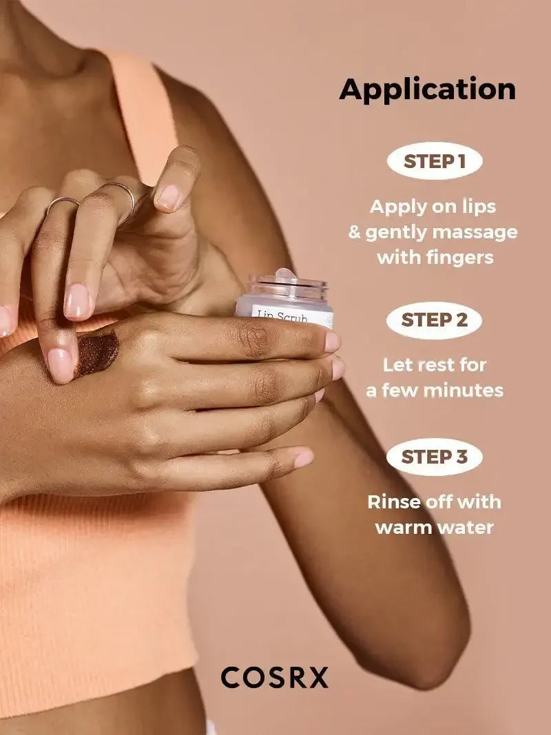 Woman applying COSRX lip scrub with fingers, skincare application instructions visible.