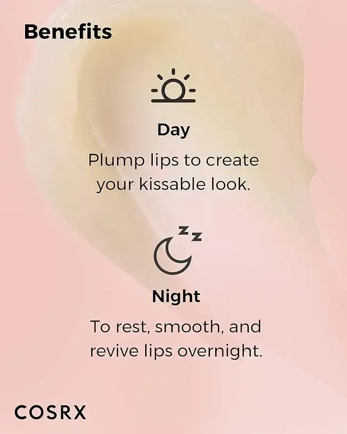 COSRX lip care benefits infographic showing day and night moisturizing for plump, smooth lips.