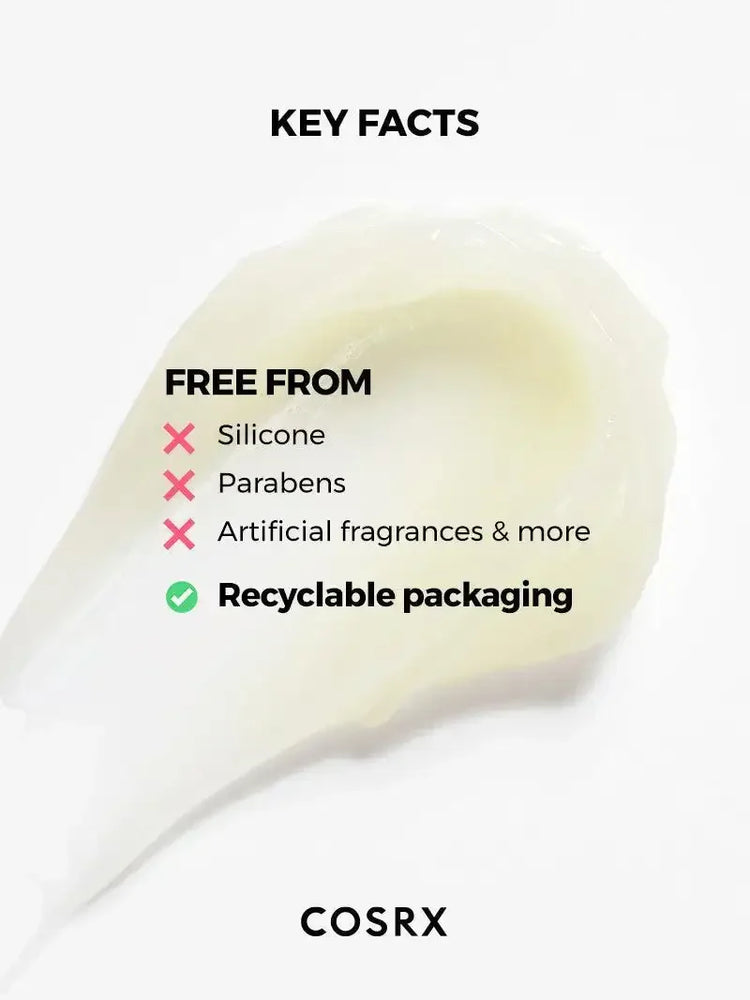COSRX cream texture with key facts: free from silicone, parabens, artificial fragrances, recyclable packaging.