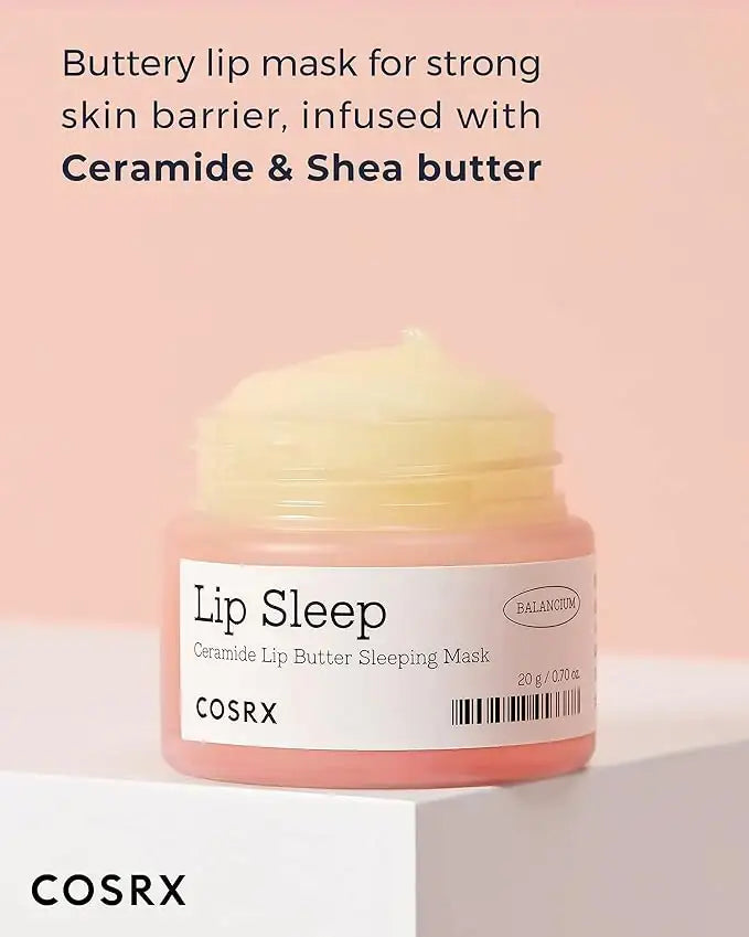 COSRX Lip Sleep Ceramide Lip Butter Sleeping Mask with ceramide and shea butter on pink background