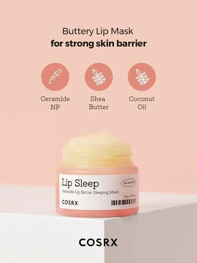 COSRX Lip Sleep ceramide lip butter sleeping mask with ceramide NP, shea butter, coconut oil on pink background.