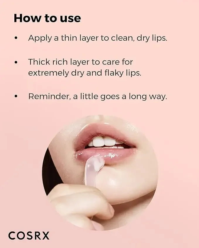 How to use COSRX lip care balm, instructions on pink background with woman applying balm to lips.
