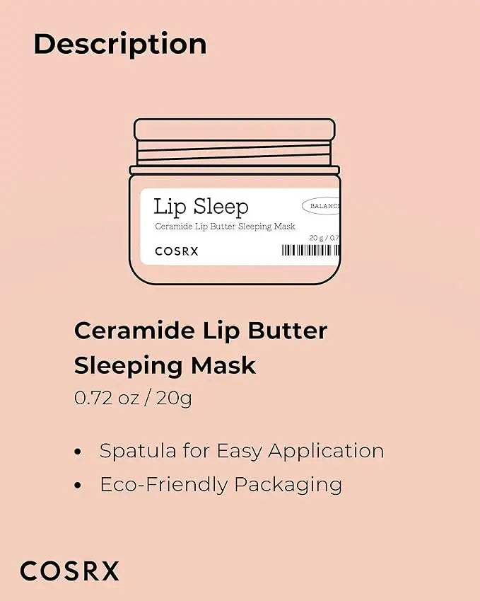COSRX Ceramide Lip Butter Sleeping Mask product illustration with features listed on a pink background.