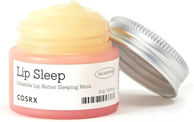 COSRX Lip Sleep ceramide lip butter sleeping mask in an open pink jar with silver lid