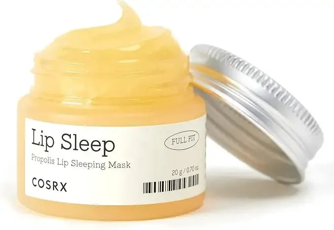 COSRX Lip Sleep Propolis Lip Sleeping Mask jar with open lid, yellow balm texture visible