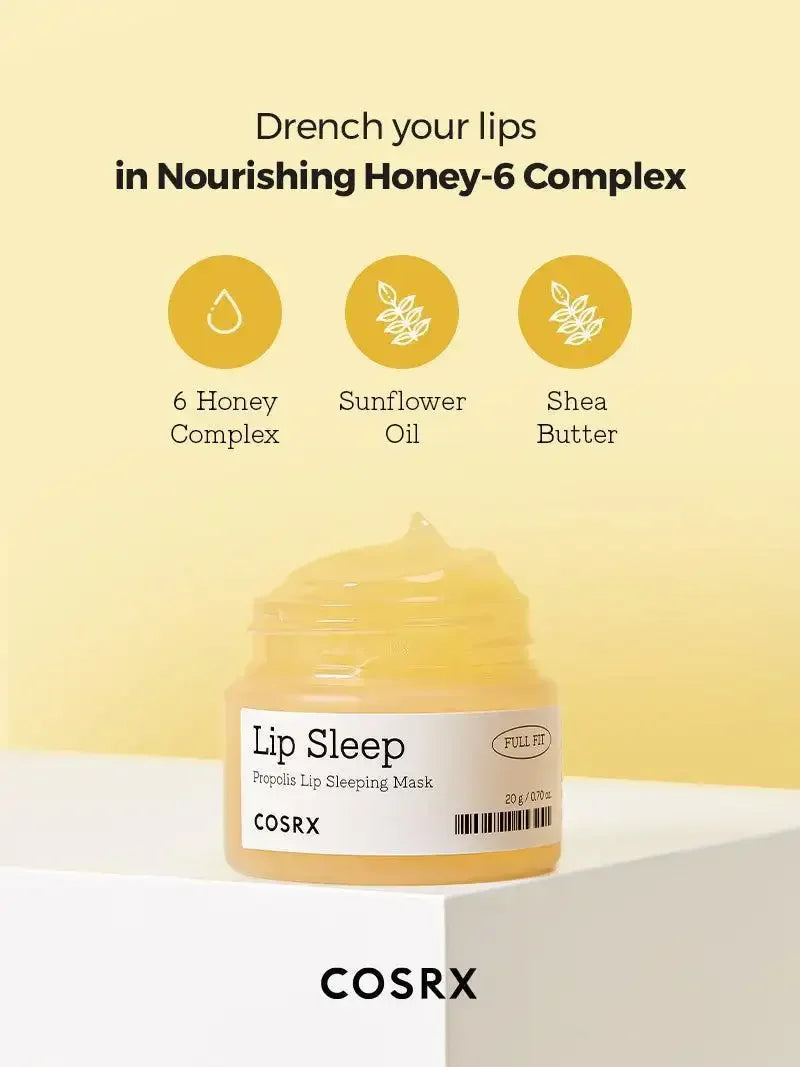 COSRX Lip Sleep propolis lip sleeping mask jar with honey, sunflower oil, and shea butter icons.