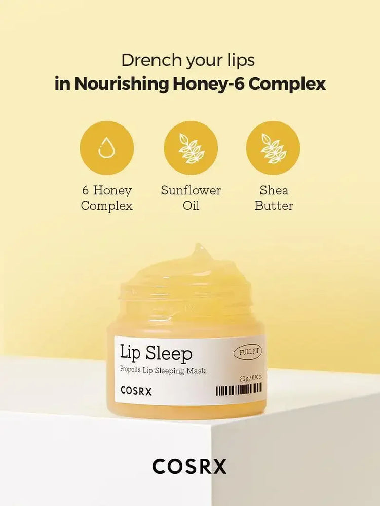 COSRX Lip Sleep propolis lip sleeping mask jar with honey, sunflower oil, and shea butter icons.