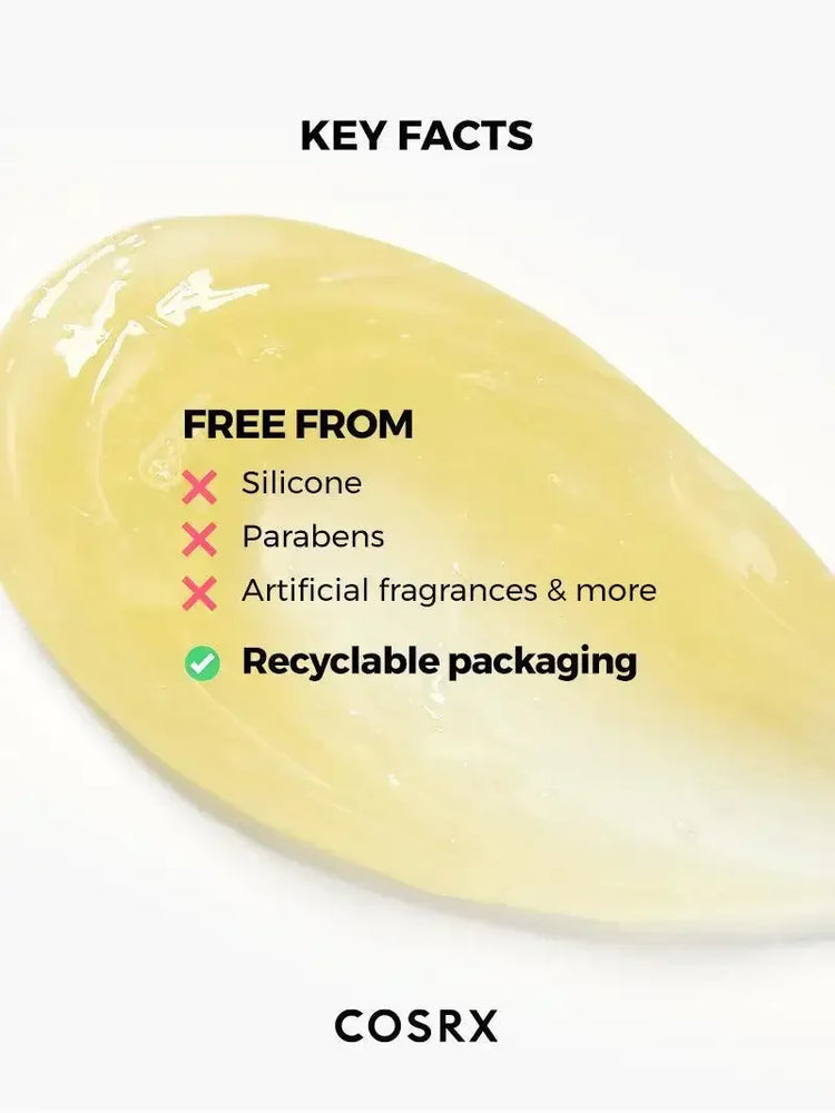 COSRX skincare gel texture on white background, silicone-free, paraben-free, recyclable packaging