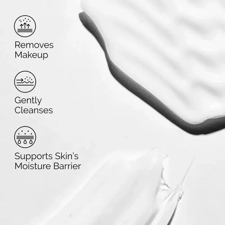 White creamy skincare texture with icons and text showing makeup removal, gentle cleansing, moisture barrier support