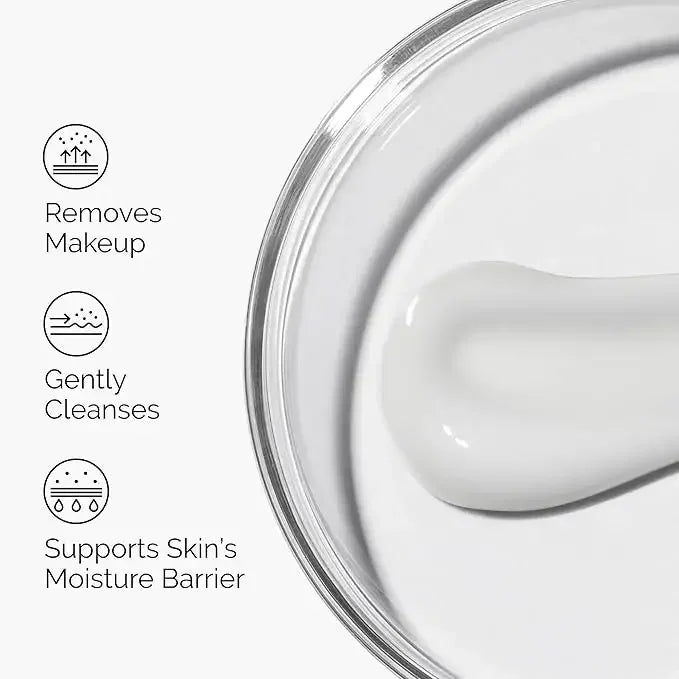 White cleansing balm texture in a jar, highlights makeup removal, gentle cleansing, moisture barrier support