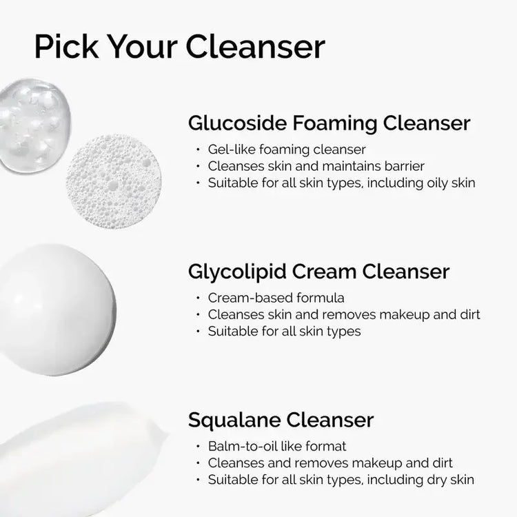 Comparison of glucoside foaming cleanser, glycolipid cream cleanser, and squalane cleanser with textures and benefits for different skin types.