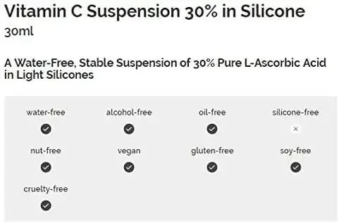 Vitamin C Suspension 30% skincare serum features pure L-ascorbic acid, water-free, alcohol-free, oil-free, nut-free, vegan, gluten-free, soy-free, and cruelty-free formula; not silicone-free.