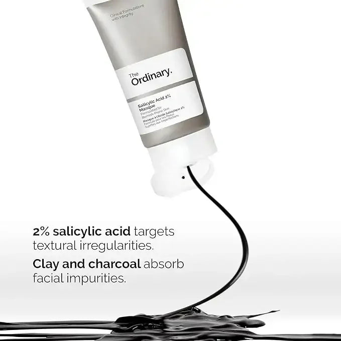 The Ordinary Salicylic Acid 2% Masque tube with black clay texture and skincare benefits text.