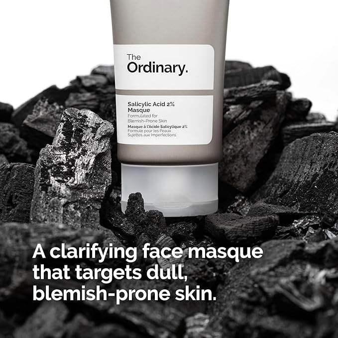The Ordinary Salicylic Acid 2% Masque tube on charcoal, face mask for blemish-prone skin.