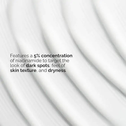 Creamy white skincare texture background with niacinamide dark spots and dryness benefits text.