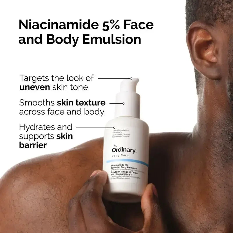 Man holding The Ordinary Niacinamide 5% Face and Body Emulsion, skincare benefits shown