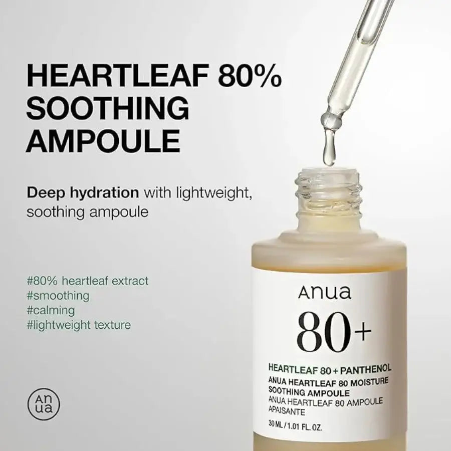 Heartleaf 80% soothing ampoule bottle with dropper, lightweight hydration skincare product