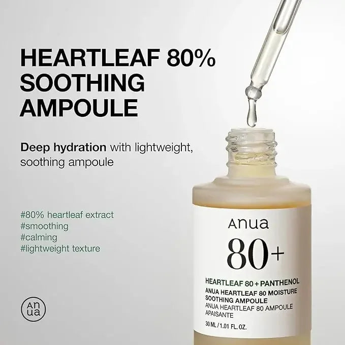 Anua Heartleaf 80% Soothing Ampoule bottle with dropper, hydrating skincare serum