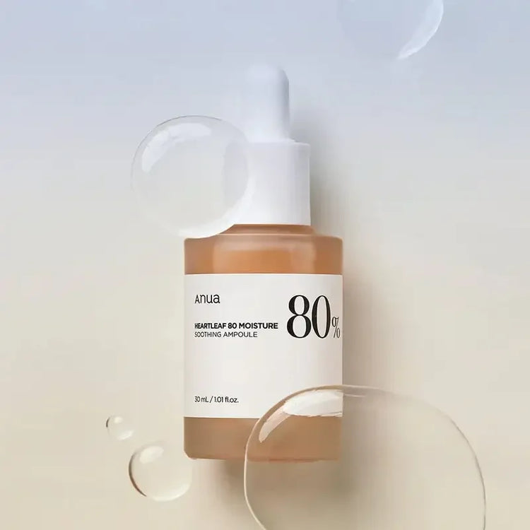 Anua Heartleaf 80 Moisture Soothing Ampoule dropper bottle with serum droplets