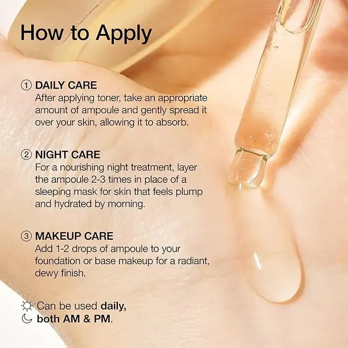 Clear ampoule dropper applying serum to skin, with skincare usage instructions for daily, night, and makeup care.