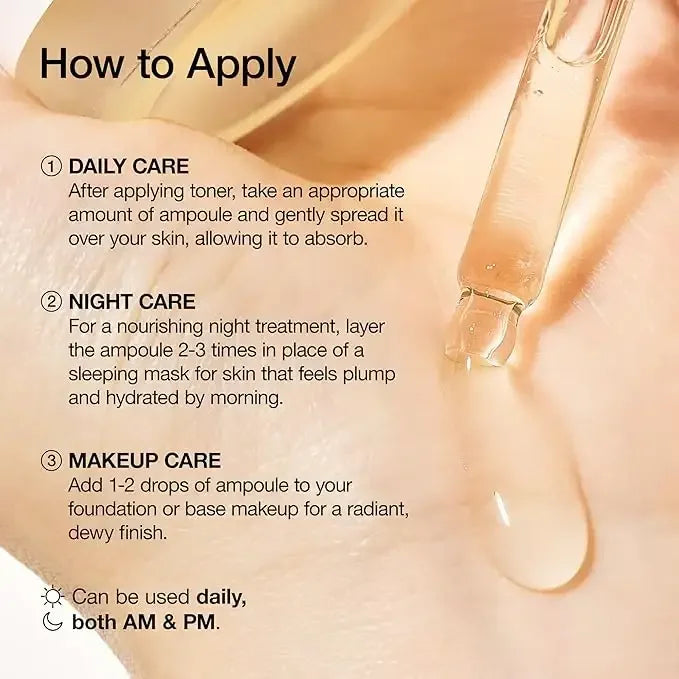 Serum ampoule dropper applying skincare liquid on hand with usage instructions for daily, night, and makeup care.