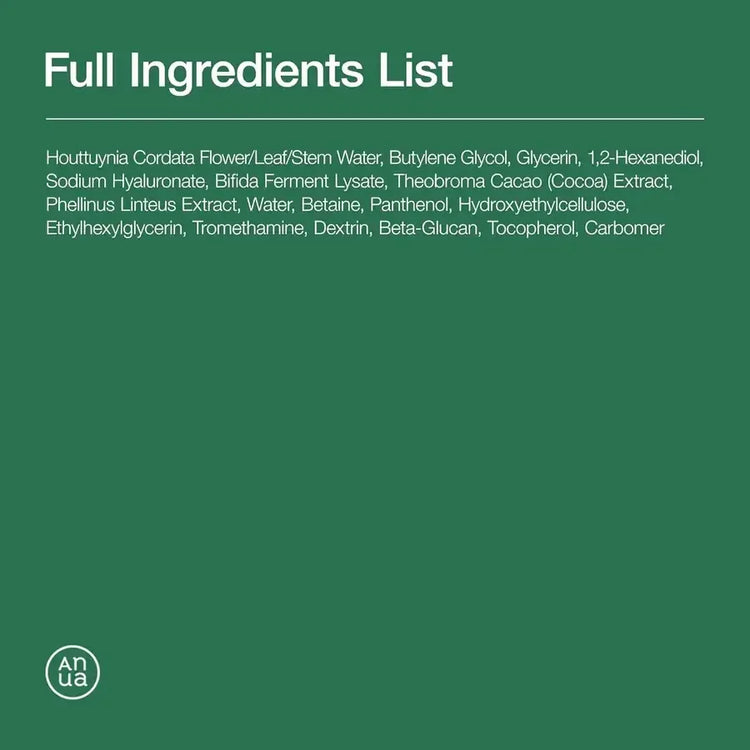 Skincare product ingredients list with natural extracts on a green background, Anua logo visible.