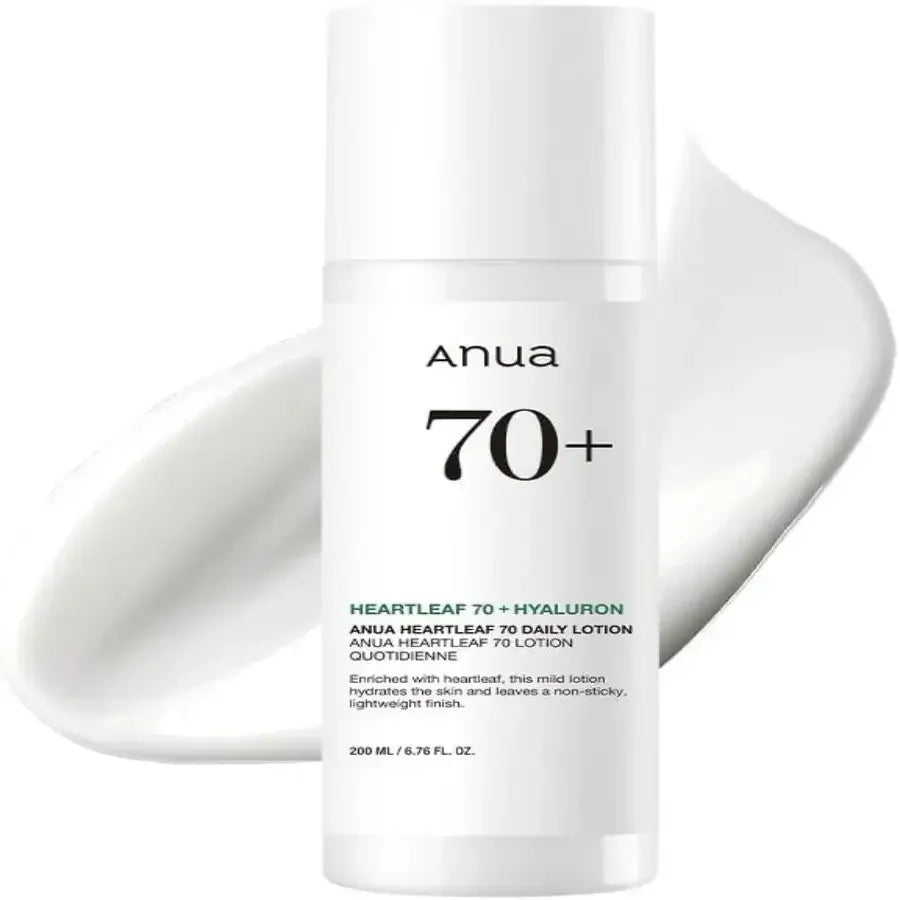 Anua 70+ Heartleaf Hyaluron daily lotion bottle with creamy skincare texture visible