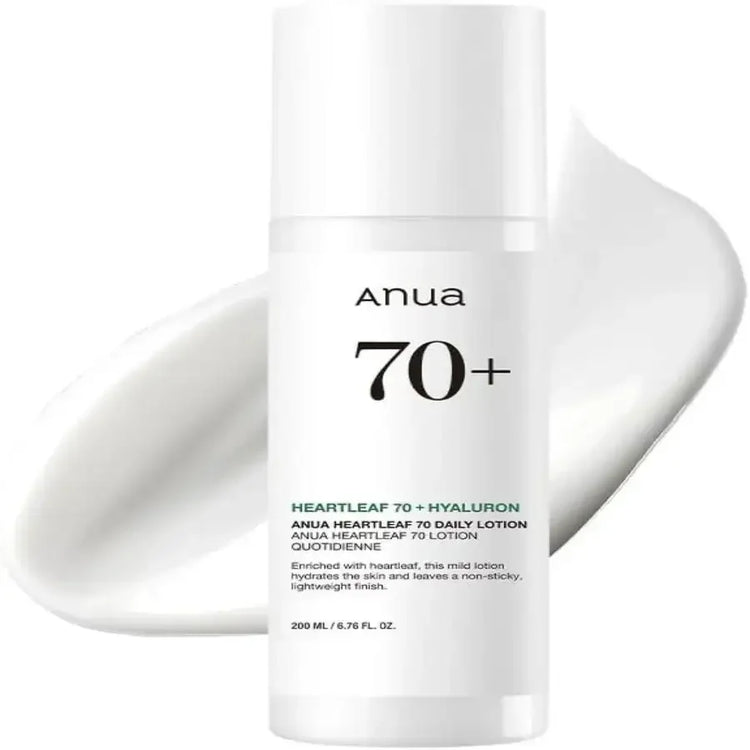 Anua 70+ Heartleaf Hyaluron daily lotion bottle with creamy skincare texture visible