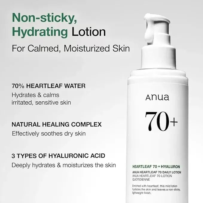 Anua 70+ Heartleaf hydrating lotion bottle with hyaluronic acid, sensitive skin care benefits