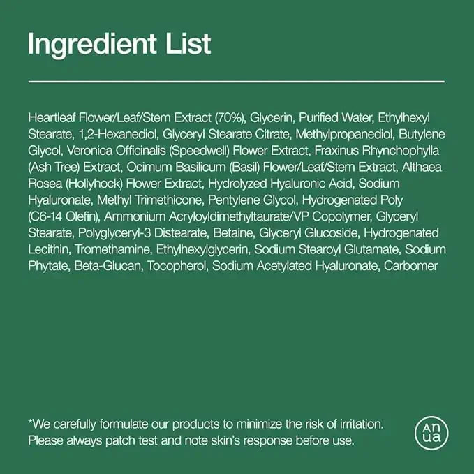 Ingredient list of a skincare product on green background, featuring heartleaf extract and hyaluronic acid.