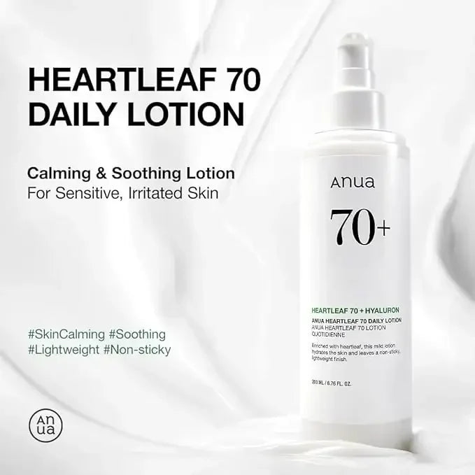 Anua Heartleaf 70+ Daily Lotion bottle for sensitive, soothing, lightweight skincare