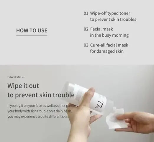 Person using toner on cotton pad with skincare instructions for facial mask and toner use