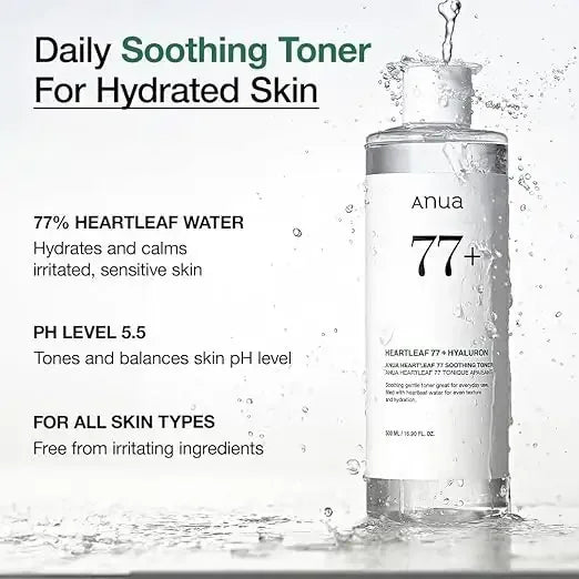 Anua 77+ Heartleaf soothing toner bottle for hydrated skin, with water splash and key features listed.