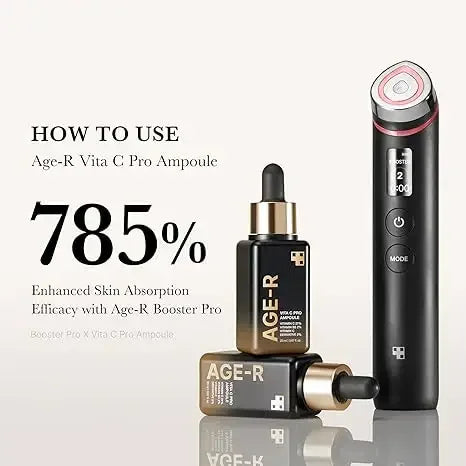 AGE-R Vita C Pro Ampoule serum bottles and black facial device for enhanced skincare absorption