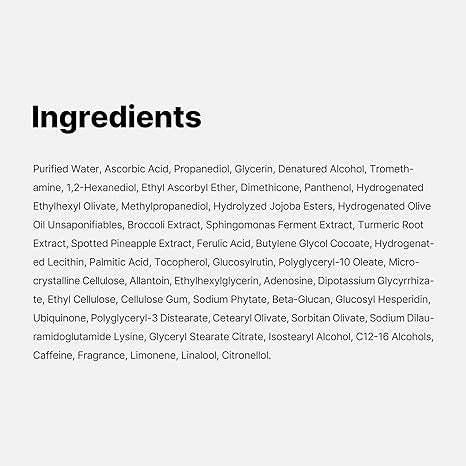 List of skincare product ingredients in black text on a light background.