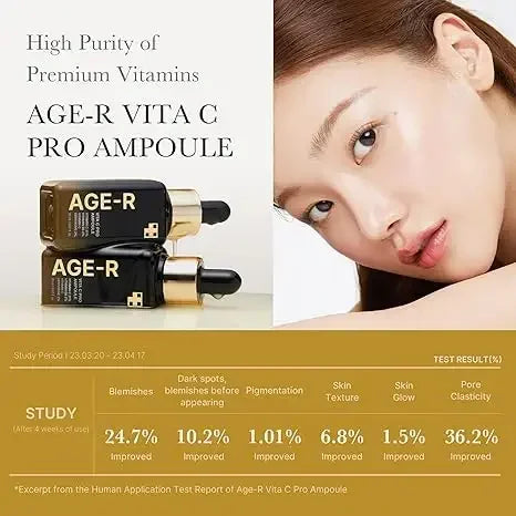 Woman with clear skin next to AGE-R VITA C PRO Ampoule bottles, skincare product benefits highlighted.