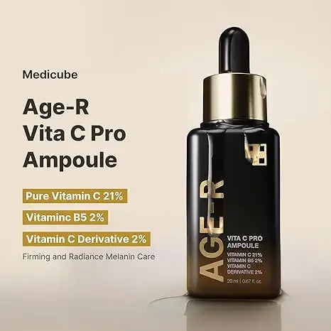 Medikube Age-R Vita C Pro Ampoule serum bottle with vitamin C, B5, and derivative, skincare product