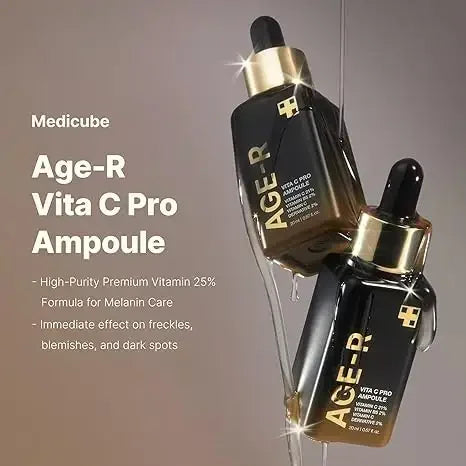 Two Medicube Age-R Vita C Pro Ampoule bottles with dropper lids, skincare product for dark spots