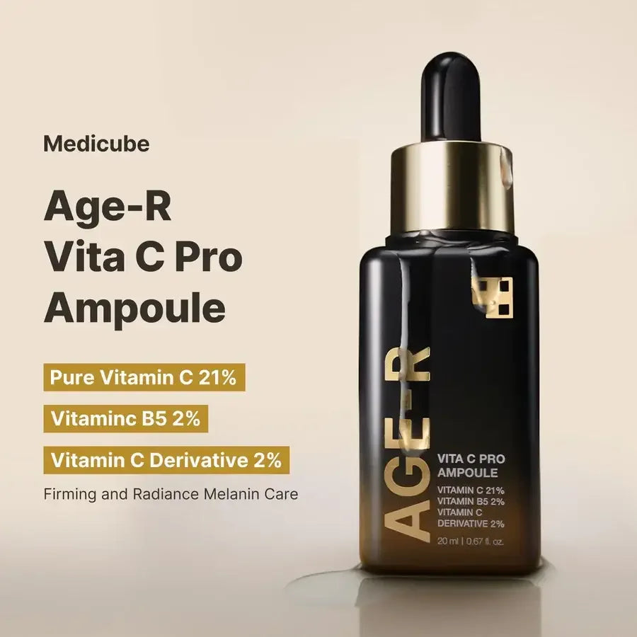 Medikube Age-R Vita C Pro Ampoule serum bottle with dropper, skincare product featuring vitamin C.