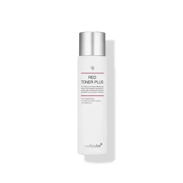 medicube Red Toner Plus bottle, Korean skincare product for sensitive skin, white background