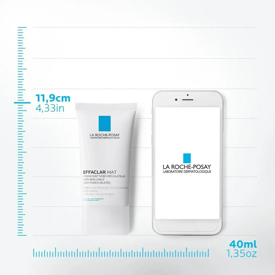 La Roche-Posay Effaclar Mat 40ml moisturizer tube beside smartphone with size guide