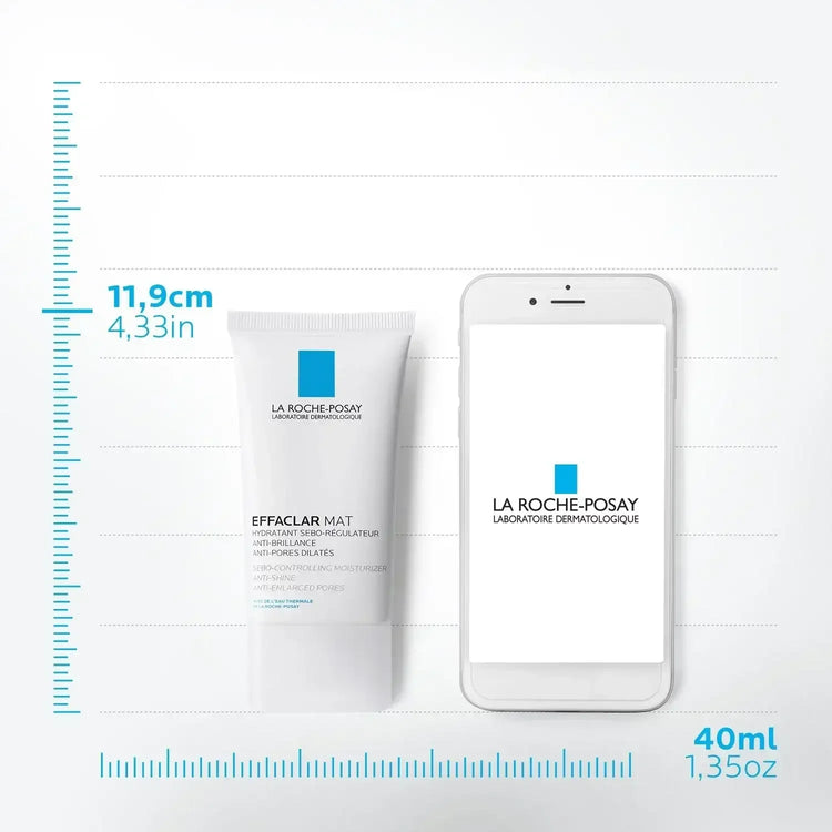 La Roche-Posay Effaclar Mat 40ml moisturizer tube beside smartphone with size guide