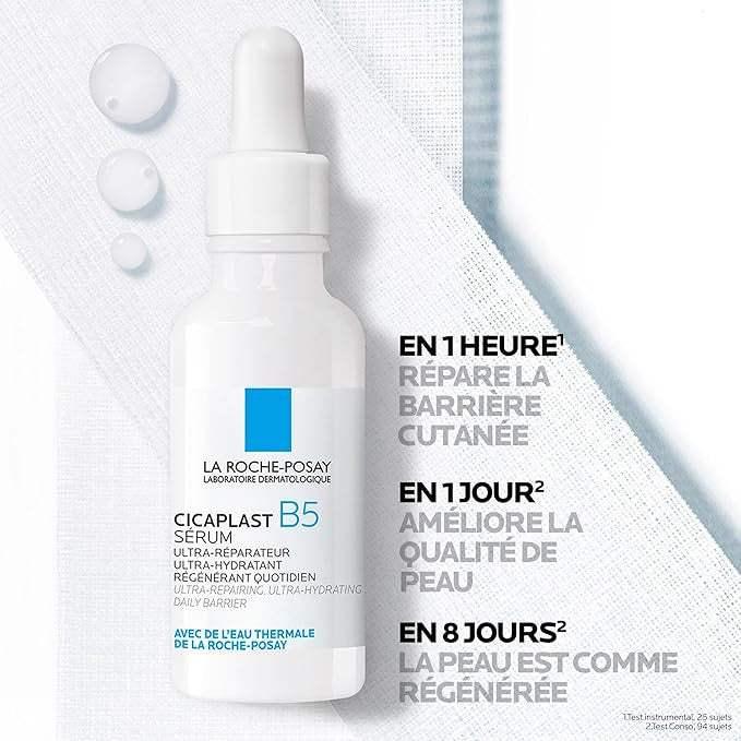 La Roche-Posay Cicaplast B5 Serum dropper bottle on white background with product benefits in French.