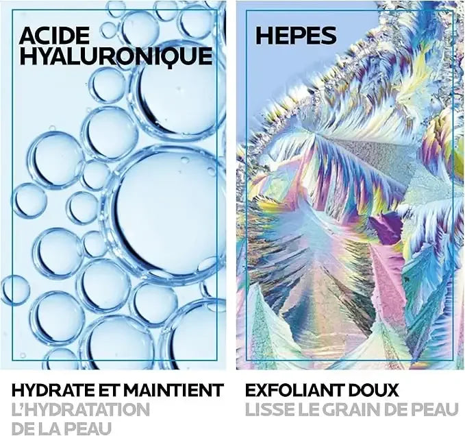 Skincare ingredients hyaluronic acid with bubbles and HEPES gentle exfoliant illustration, French text.