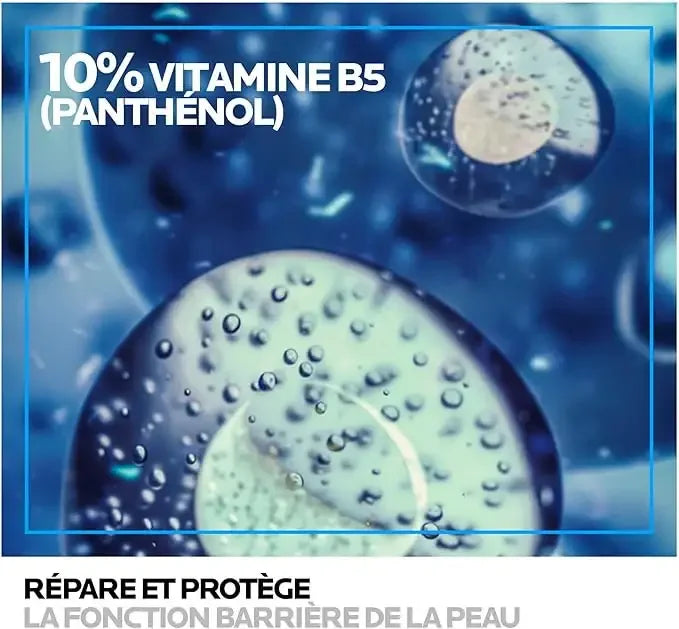 Close-up of serum bubbles highlighting 10% vitamin B5 panthenol for skin barrier repair