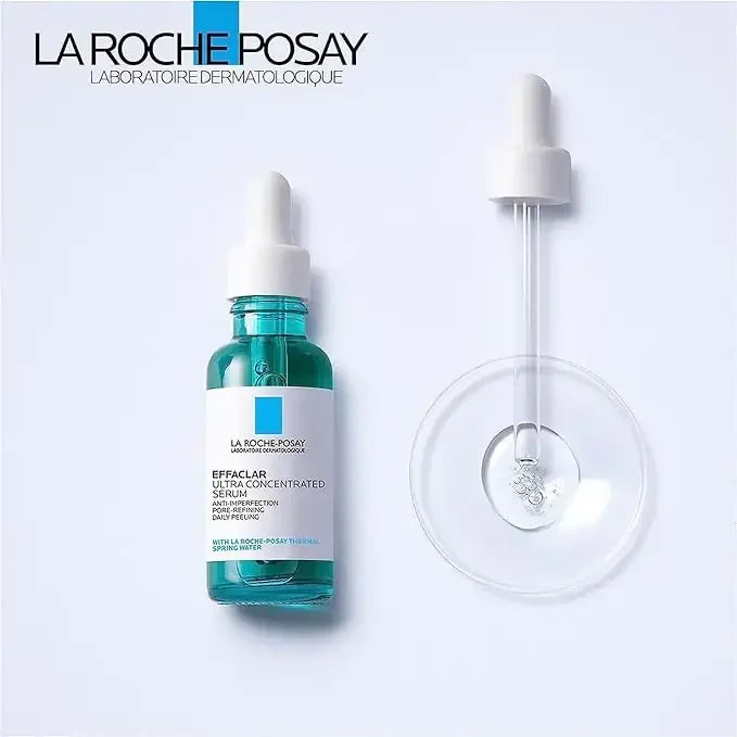 La Roche-Posay Effaclar serum bottle with dropper and clear liquid, skincare product
