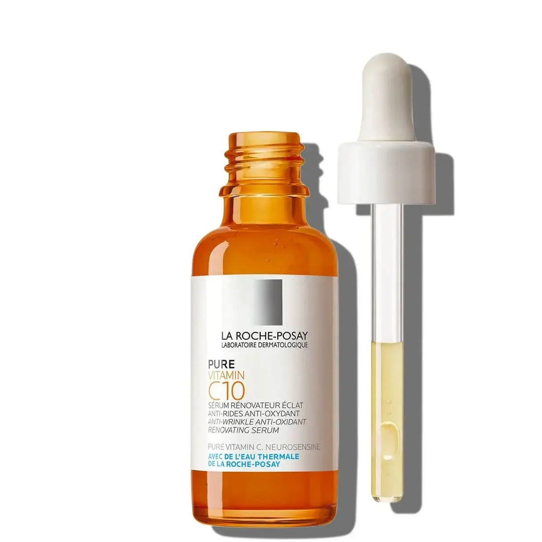La Roche-Posay Pure Vitamin C10 anti-wrinkle serum with dropper on white background