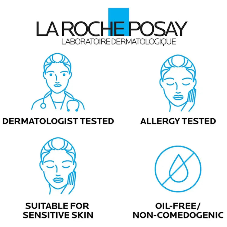La Roche-Posay features icons for dermatologist tested, allergy tested, sensitive skin, oil-free skincare.